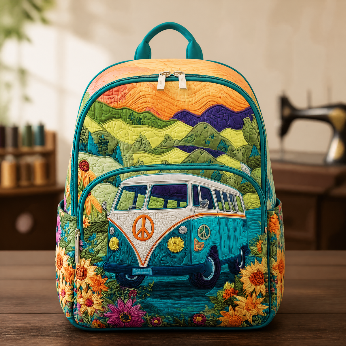 Sunflowers and mountains quilted backpack in teal multicolour, front view with camper van design