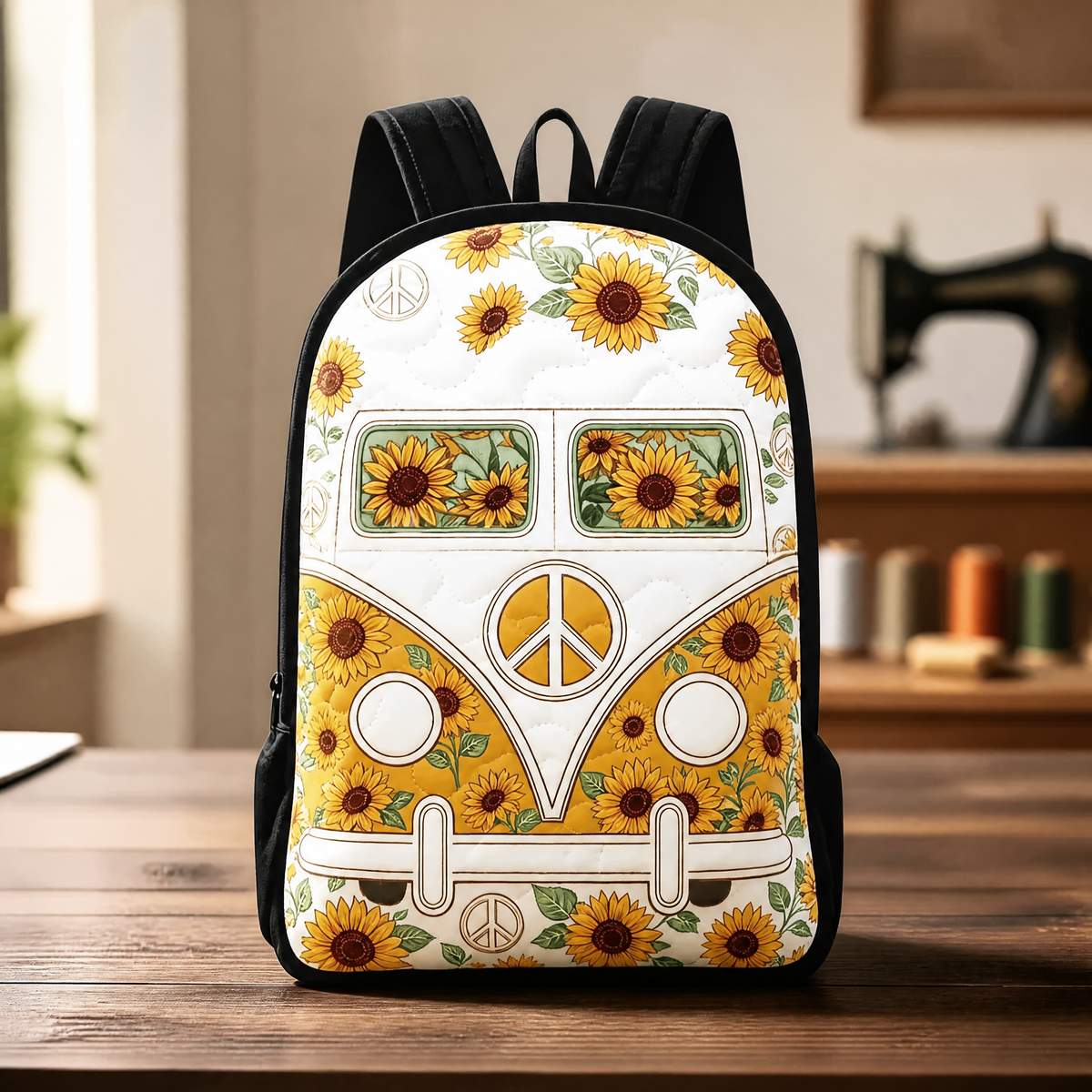 Quilted hippie van backpack in sunflower print with black straps, front view