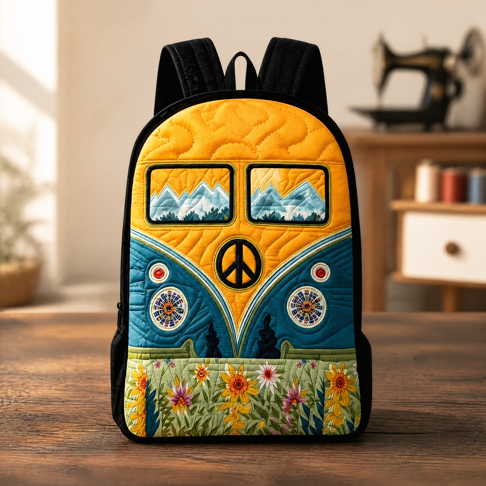 Vintage camper quilted backpack in yellow and teal with black straps, front view