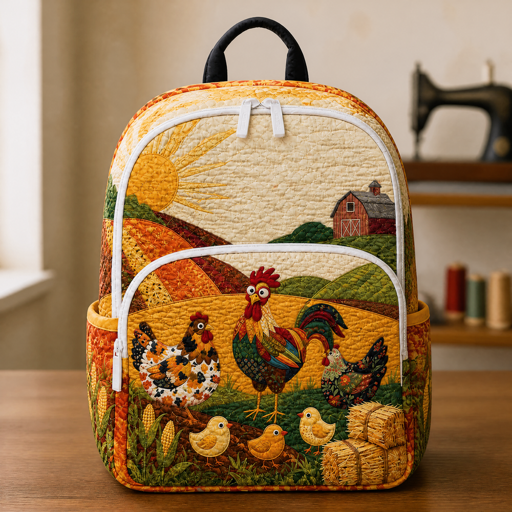 Quilted backpack in golden yellow with chickens, rooster and red barn design, front view