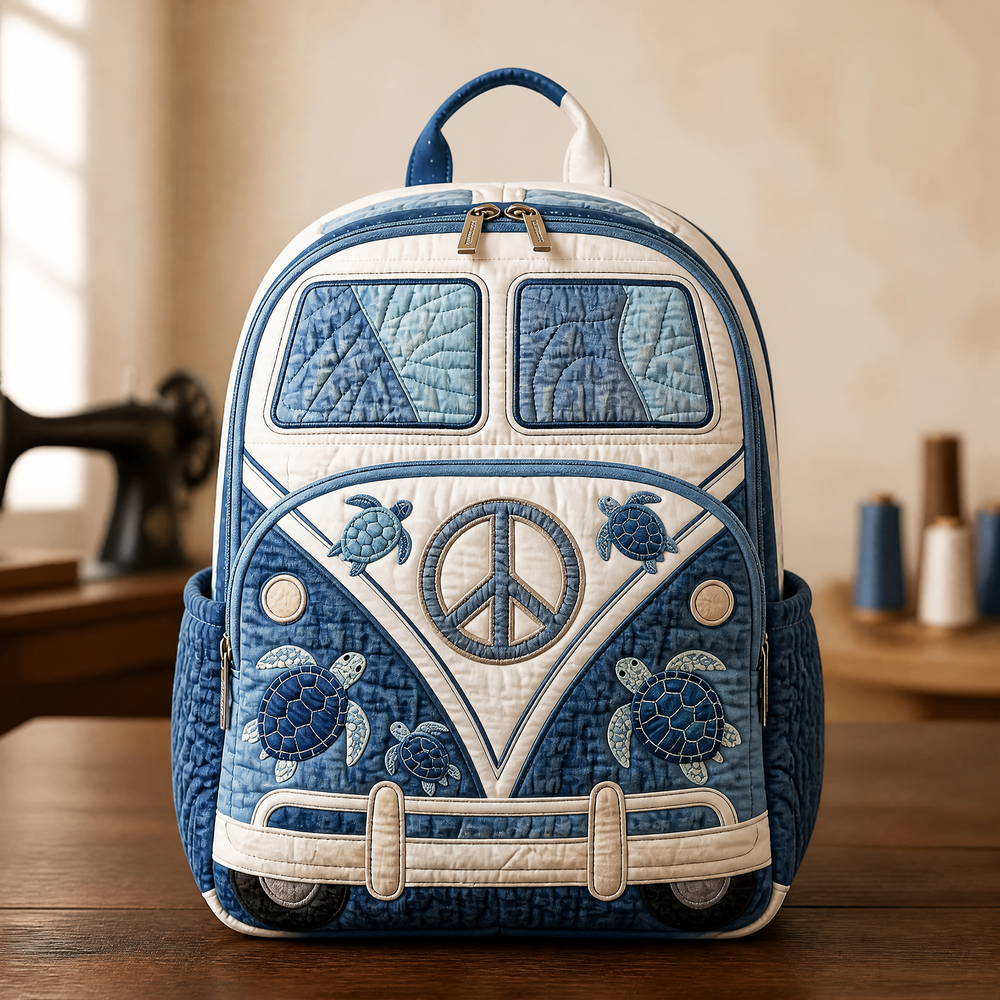 Vintage hippie camper quilted backpack in blue and cream, front view with turtle appliqués