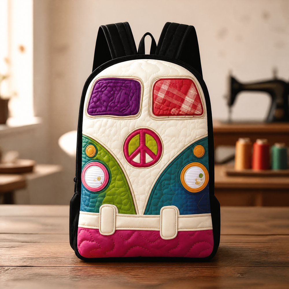 Boho peace quilted backpack with black straps and colourful camper van motif, front view