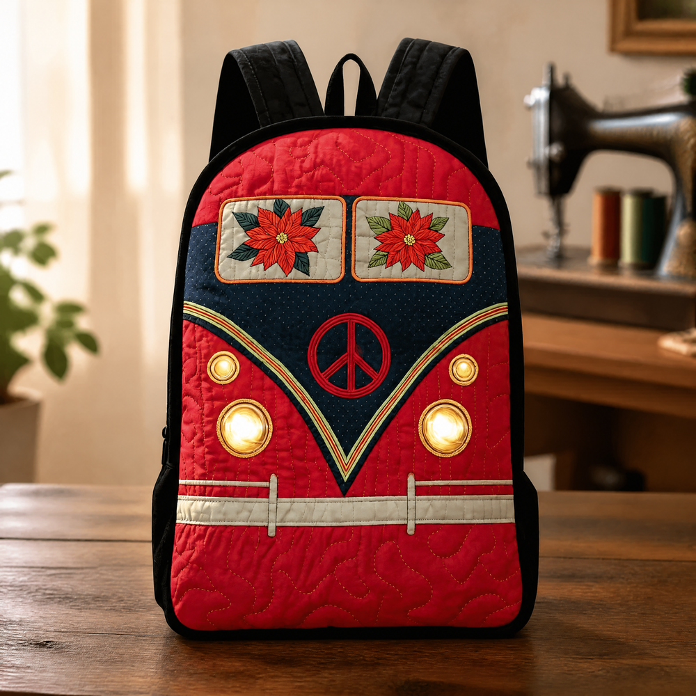 Christmas quilted backpack in red and navy with black straps, front view