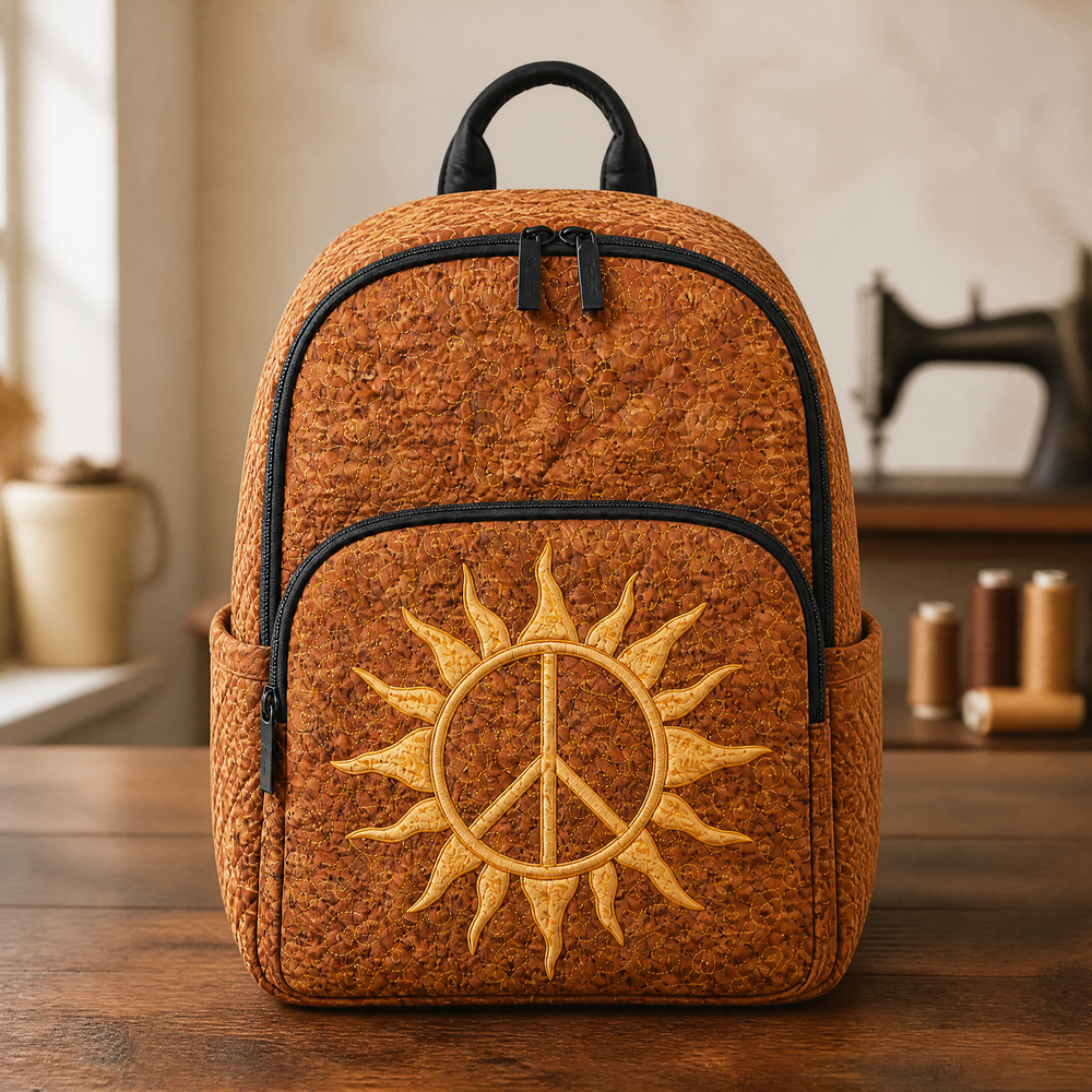 Quilted backpack in rust with embroidered sun and peace sign, front view