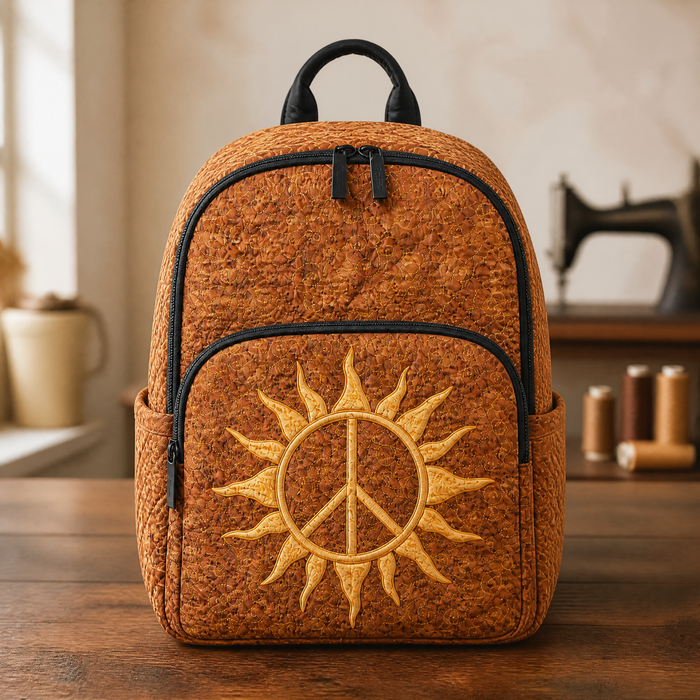Quilted backpack in rust with embroidered sun and peace sign, front view