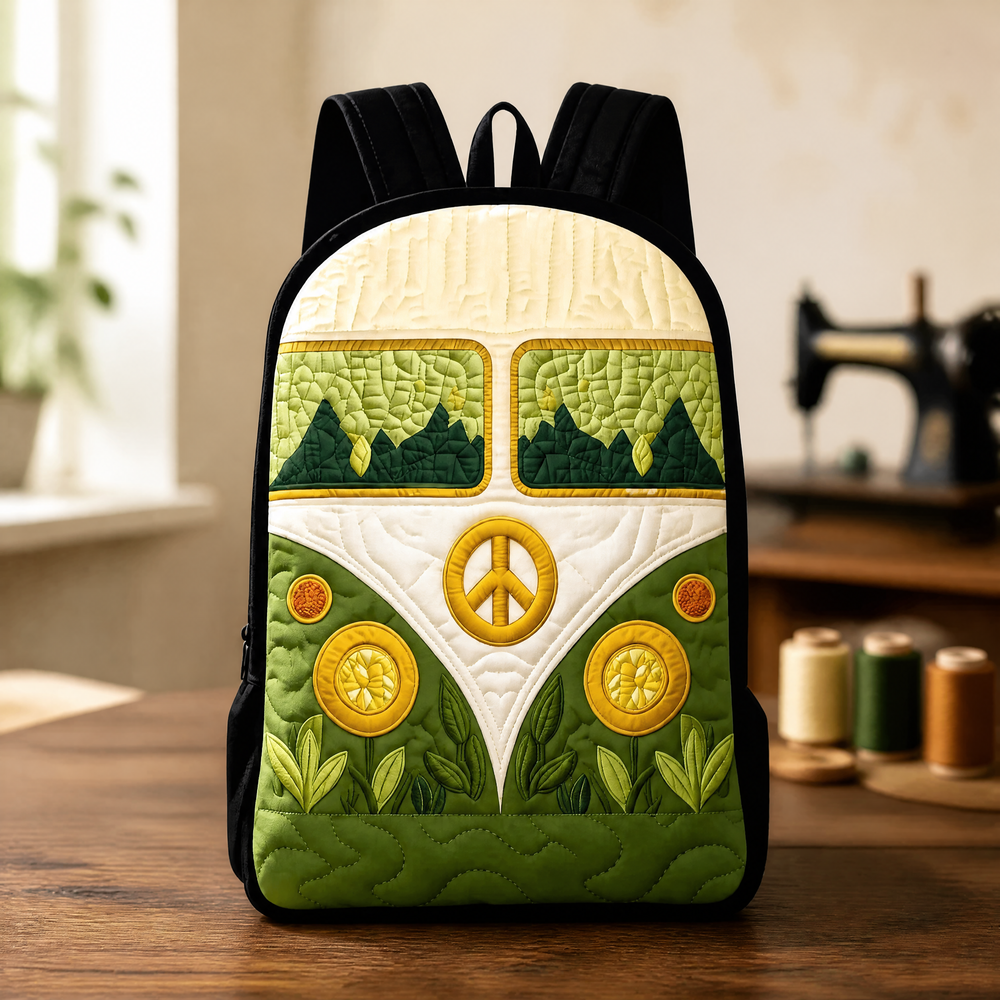 Van Life backpack in green, cream and yellow with black straps, front view