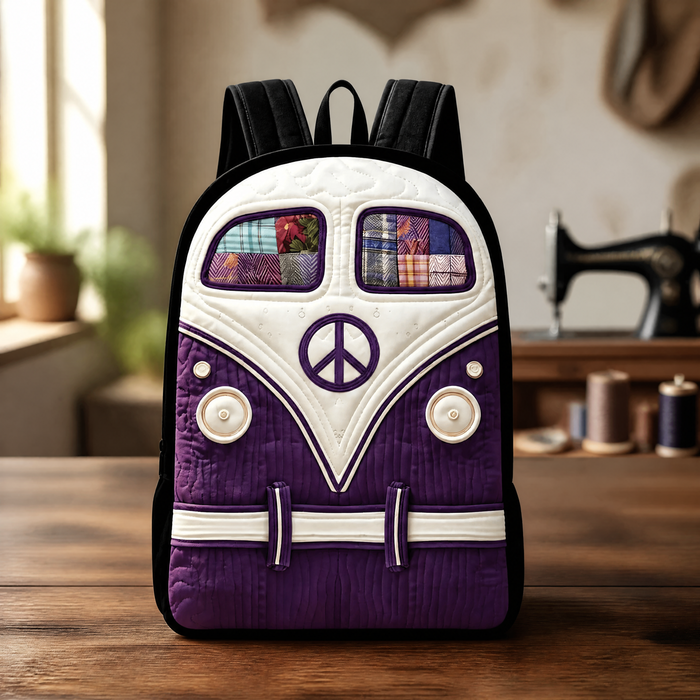 Purple hippie camper van backpack with black straps, front view