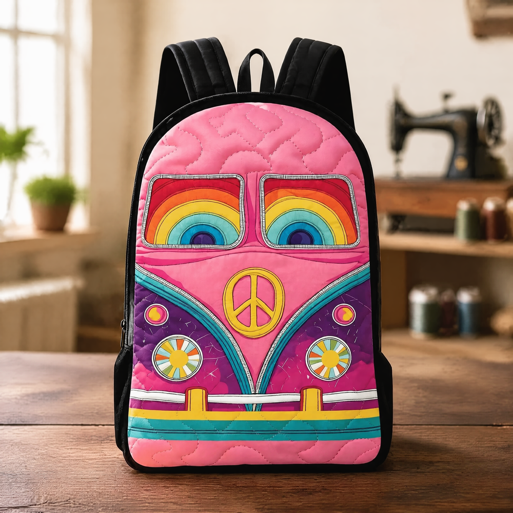 Hippie quilted backpack in pink multicolour with black straps, front view