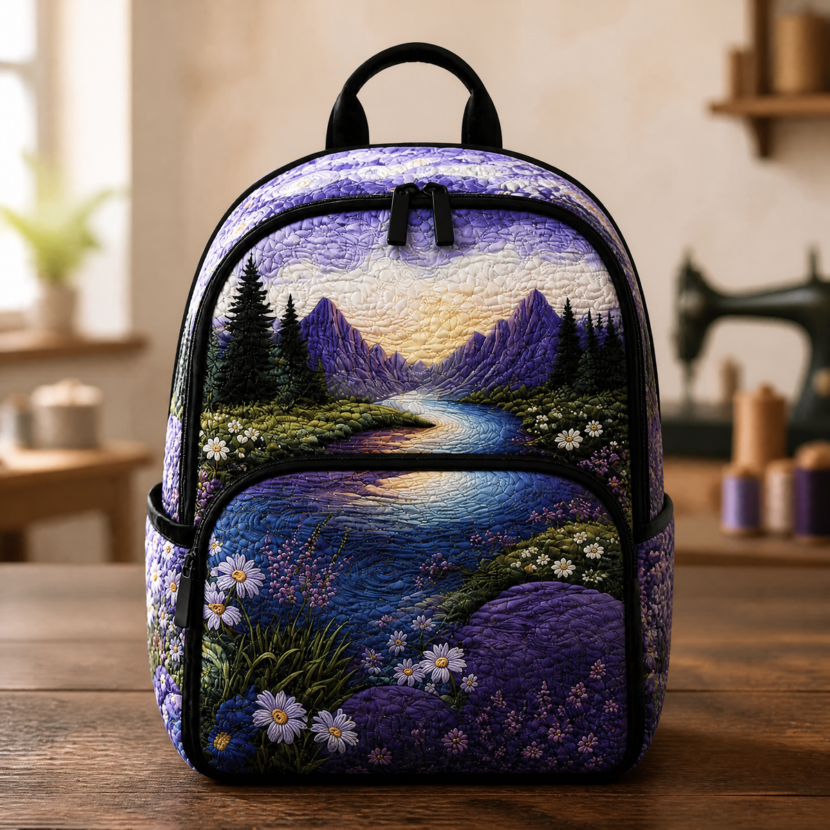 Quilted backpack in purple with mountain, river and daisy print, front view