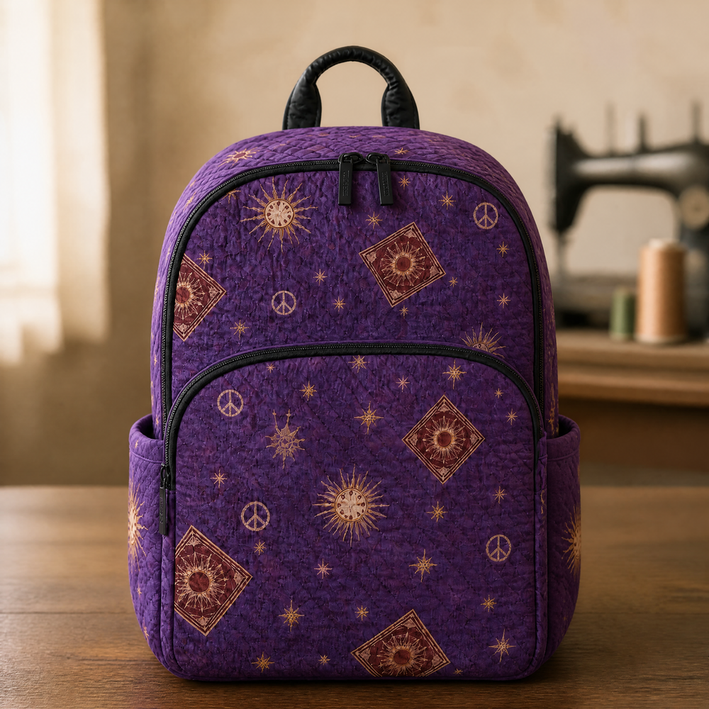 Celestial boho quilted backpack in purple with golden sun and star print, front view