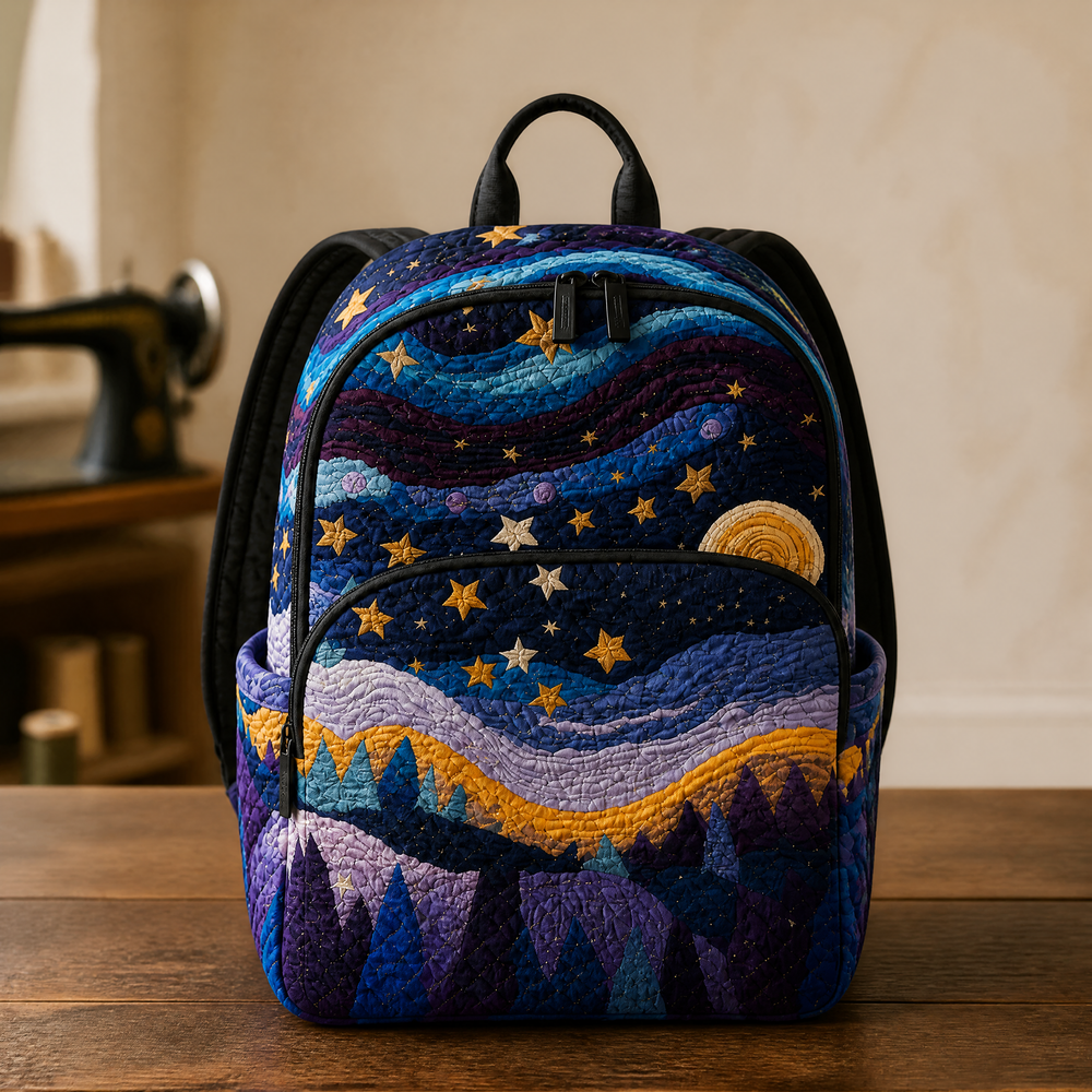 Starry Night quilted backpack in navy and purple, front view with stars and golden moon