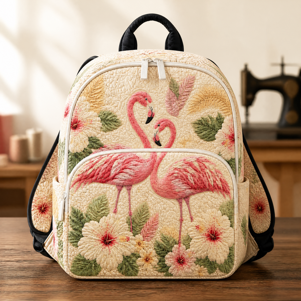 Pink flamingo backpack in cream with floral pattern, front view