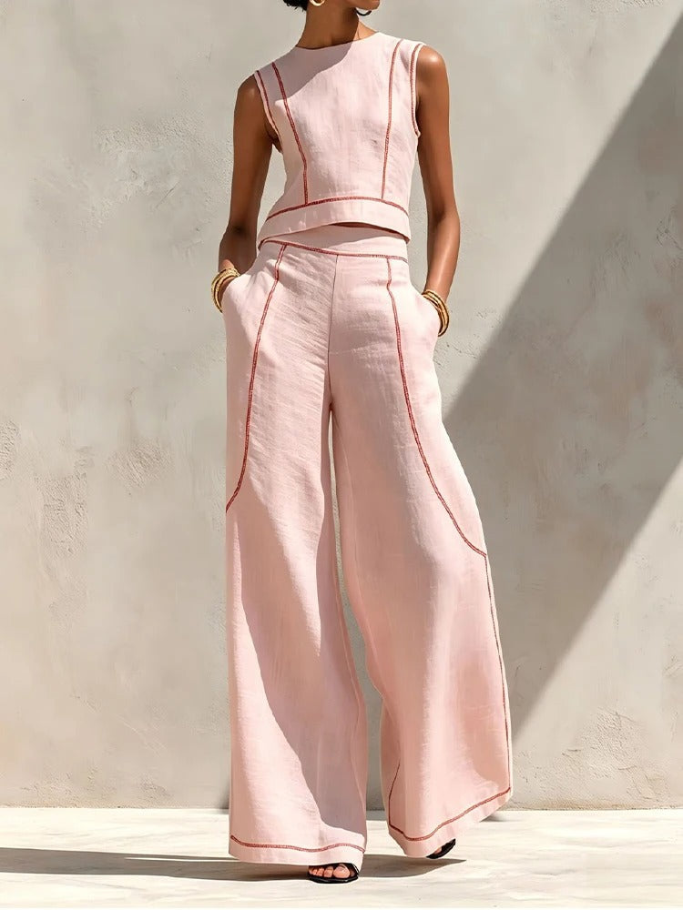 Inés two-piece palazzo set in pink, full-length front view