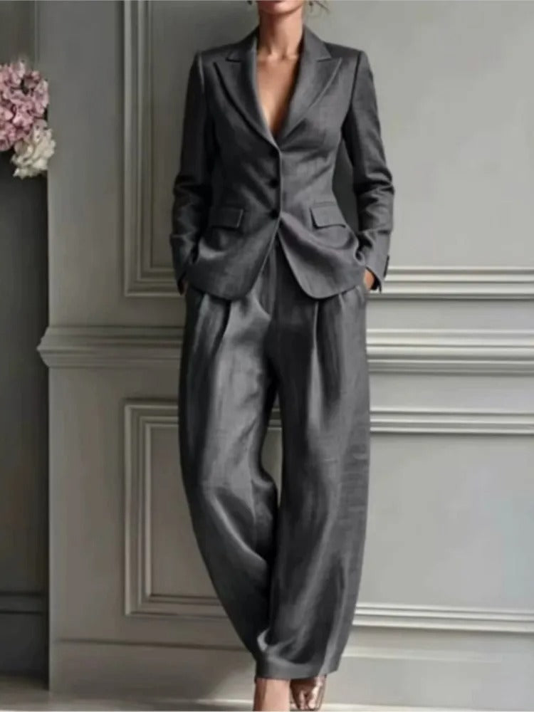 Victoria tailored suit set in dark grey, full-length front view