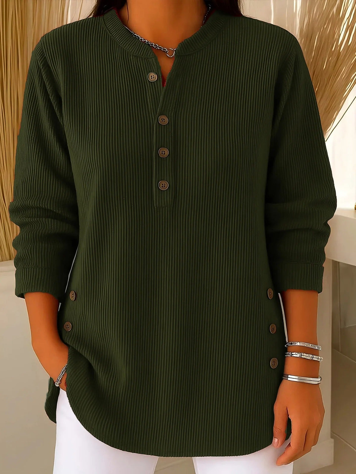 Nysha ribbed button sweater in dark green, front view