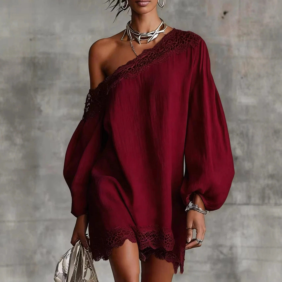 Olivia mini lace dress in burgundy, off-the-shoulder front view