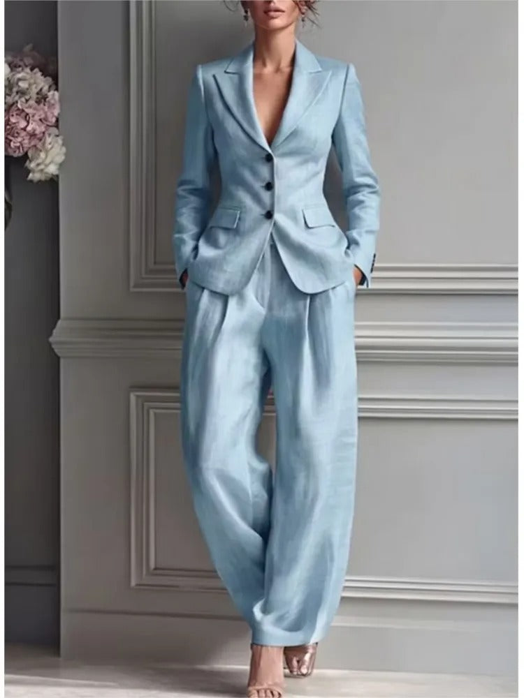 Victoria tailored suit set in light blue, full-length front view