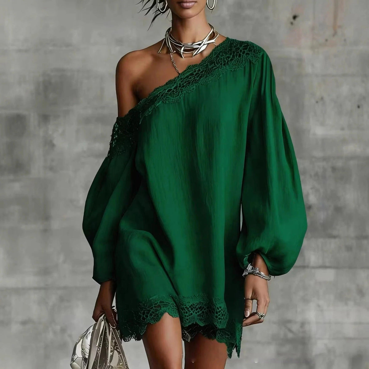 Olivia mini lace dress in olive green, off-the-shoulder front view