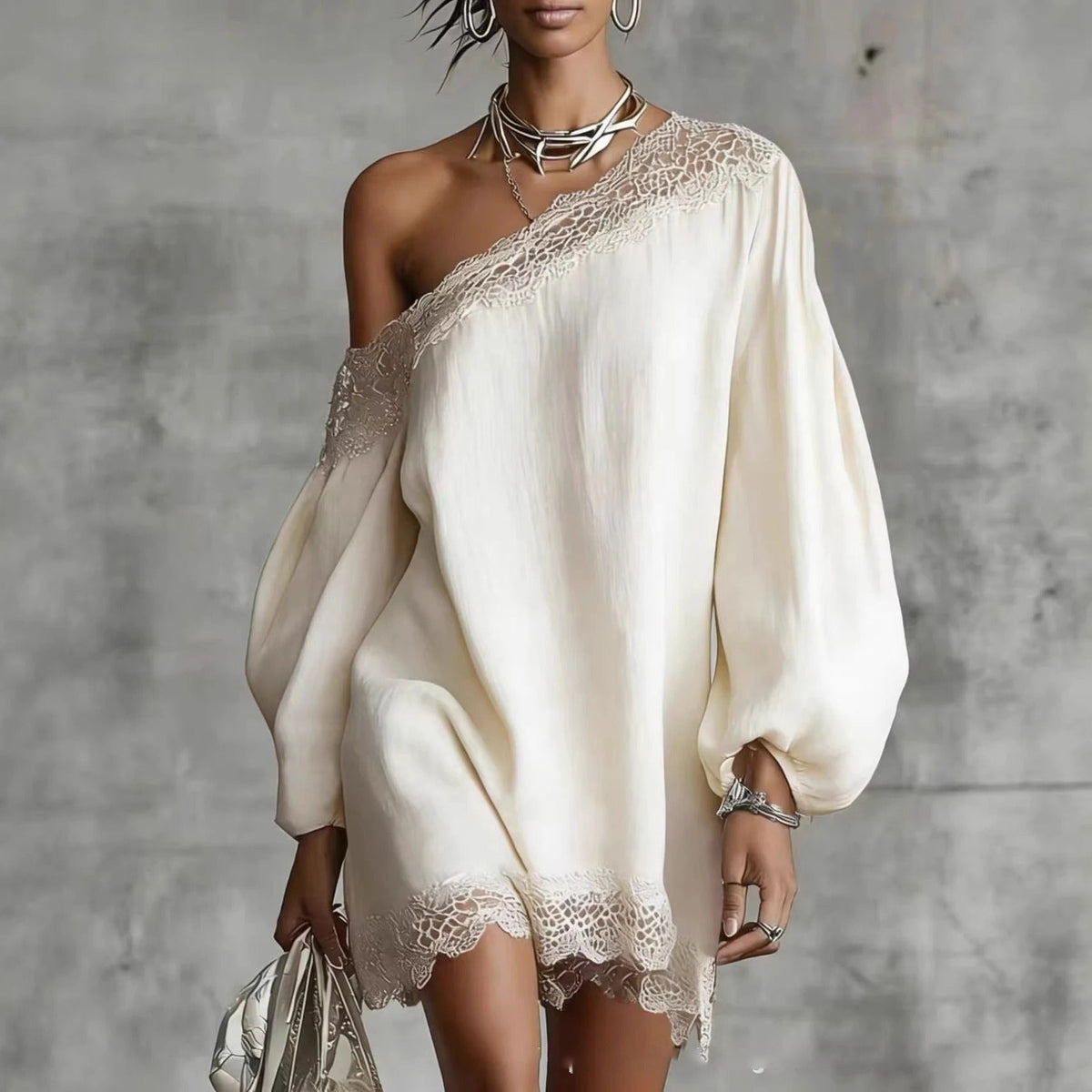 Olivia mini lace dress in white, off-the-shoulder front view