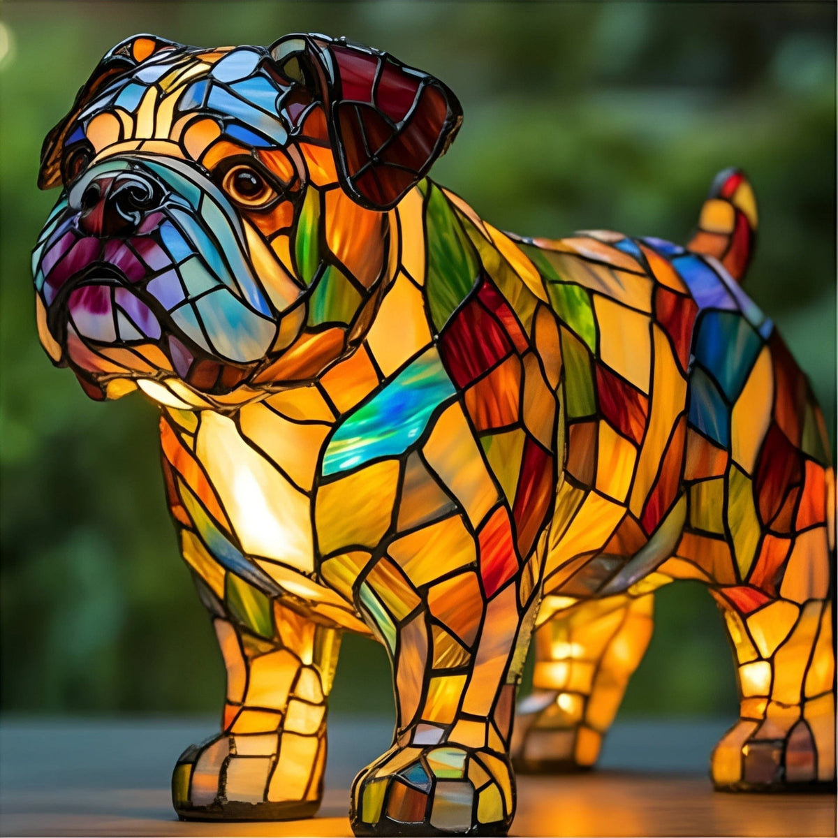 Bulldog glow lamp in multicoloured stained-glass style, lit side view