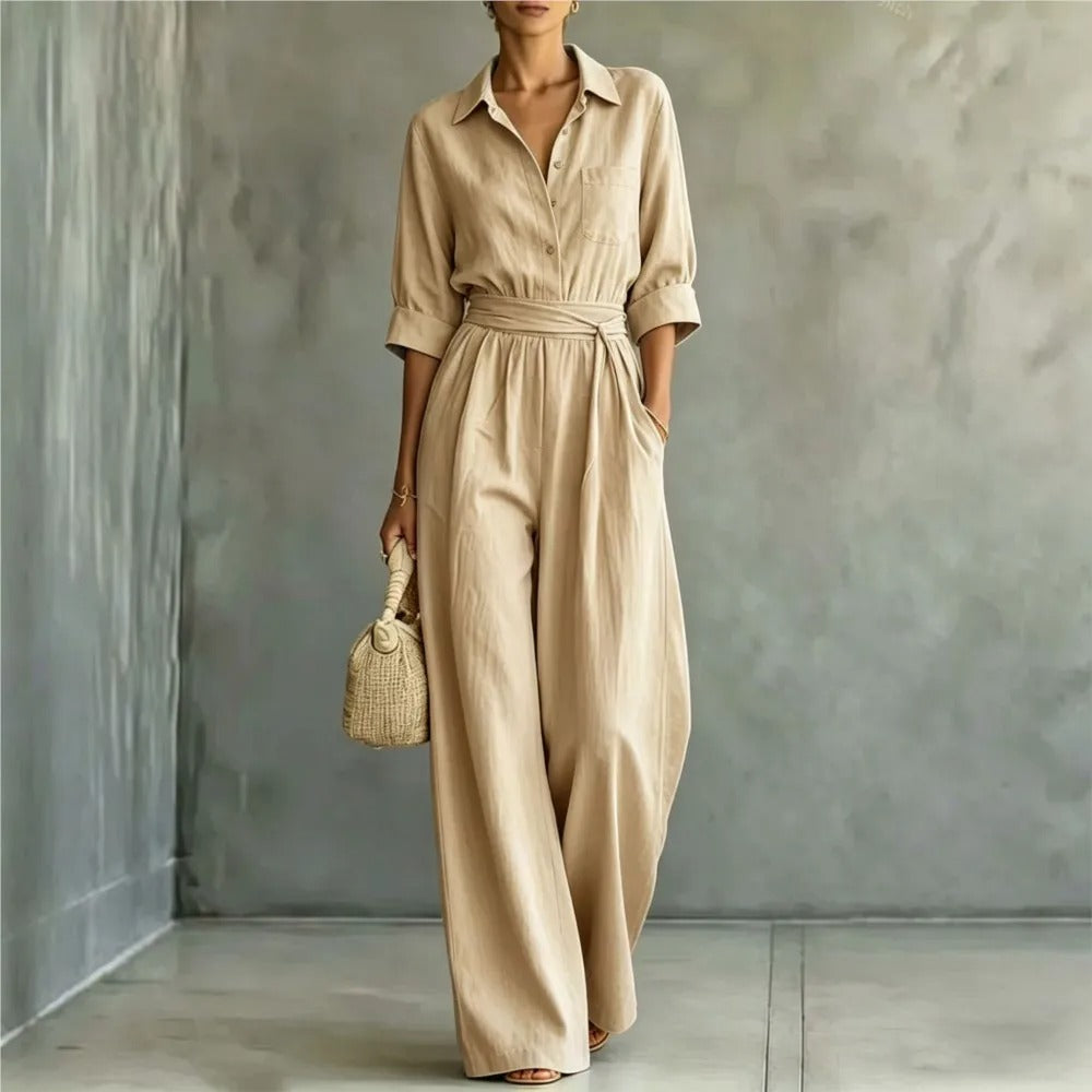 Elena wide-leg shirt jumpsuit in beige, full-length front view