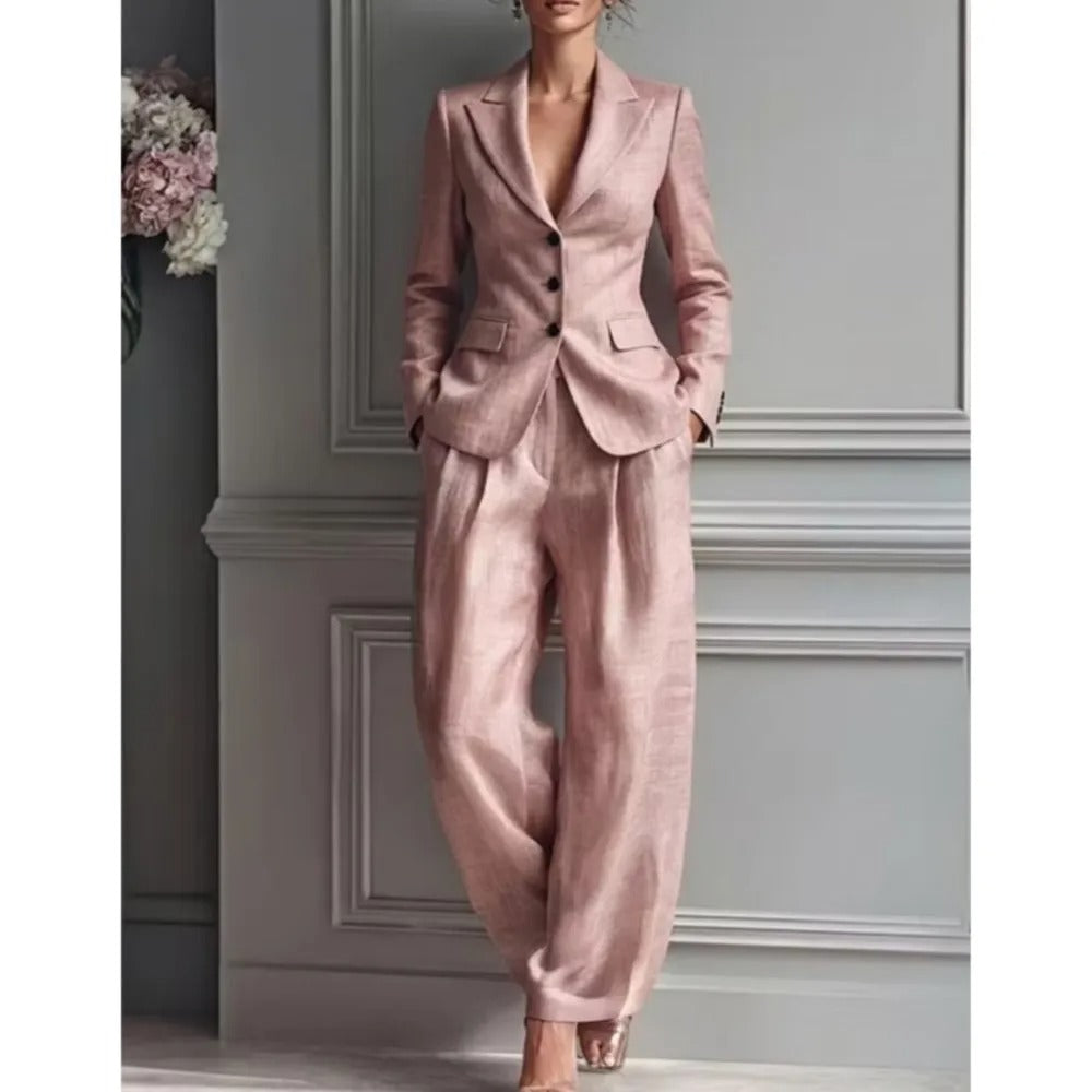 Victoria tailored suit set in pink, full-length front view