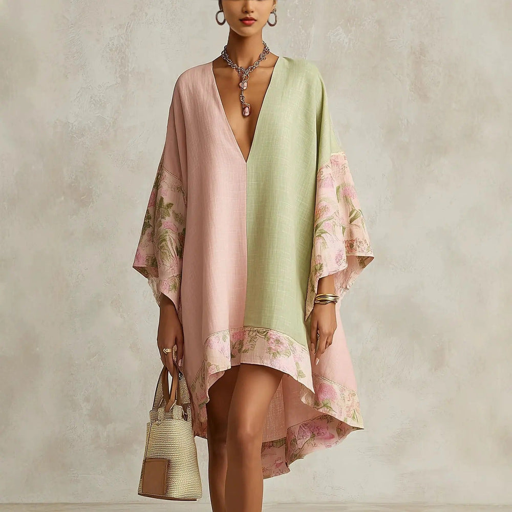Jimena bohemian floral dress in pink and green, full front view