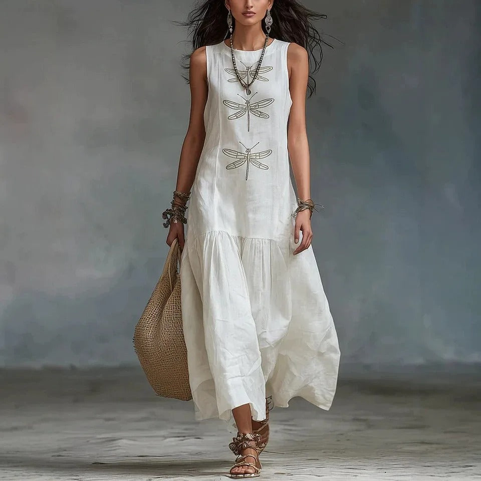 Daniela bohemian midi dress in white, full-length front view