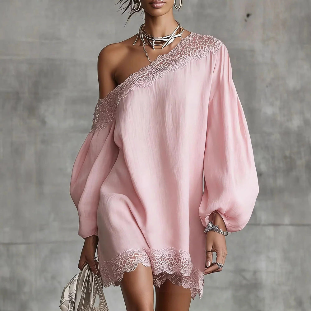 Olivia mini lace dress in dusty pink, off-the-shoulder front view