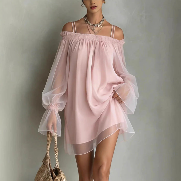 Elisa mini tulle dress in blush pink, front view with off-the-shoulder neckline
