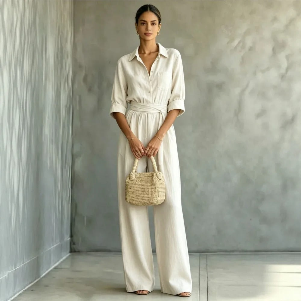 Elena wide-leg shirt jumpsuit in white, full-length front view