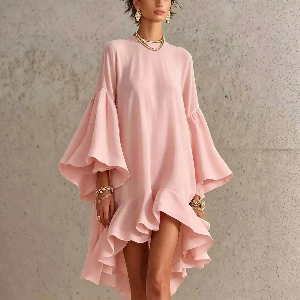 Amelia asymmetrical ruffle dress in dusty pink, full front view