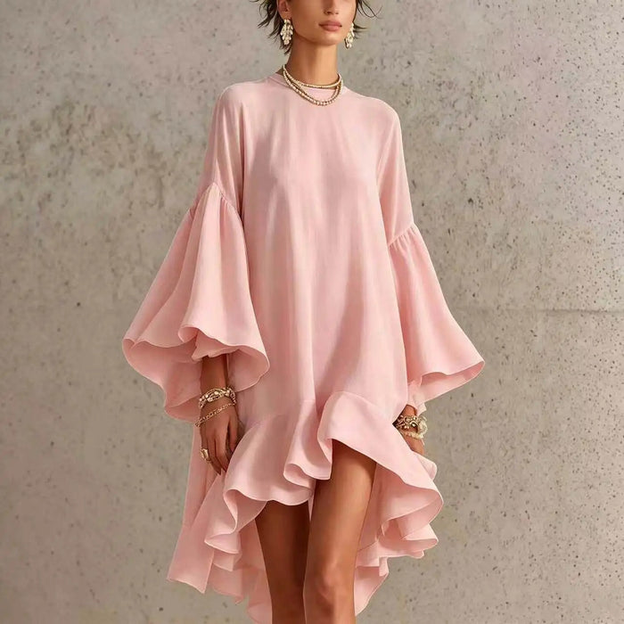 Amelia asymmetrical ruffle dress in dusty pink, full front view