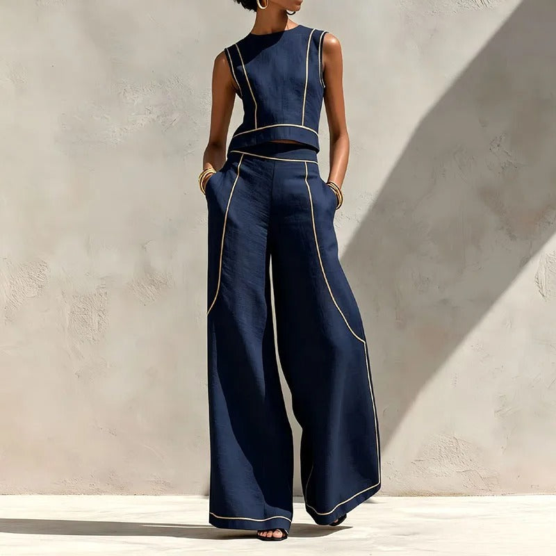 Inés two-piece palazzo set in navy with gold contrast trims
