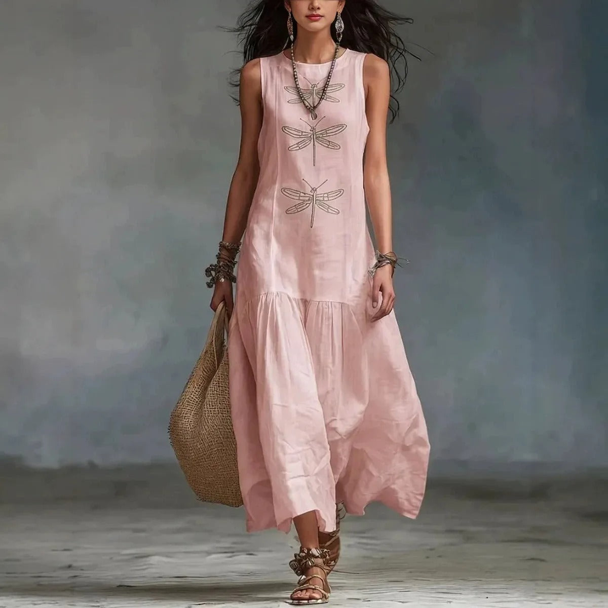 Daniela bohemian midi dress in pink, full-length front view with dragonfly print