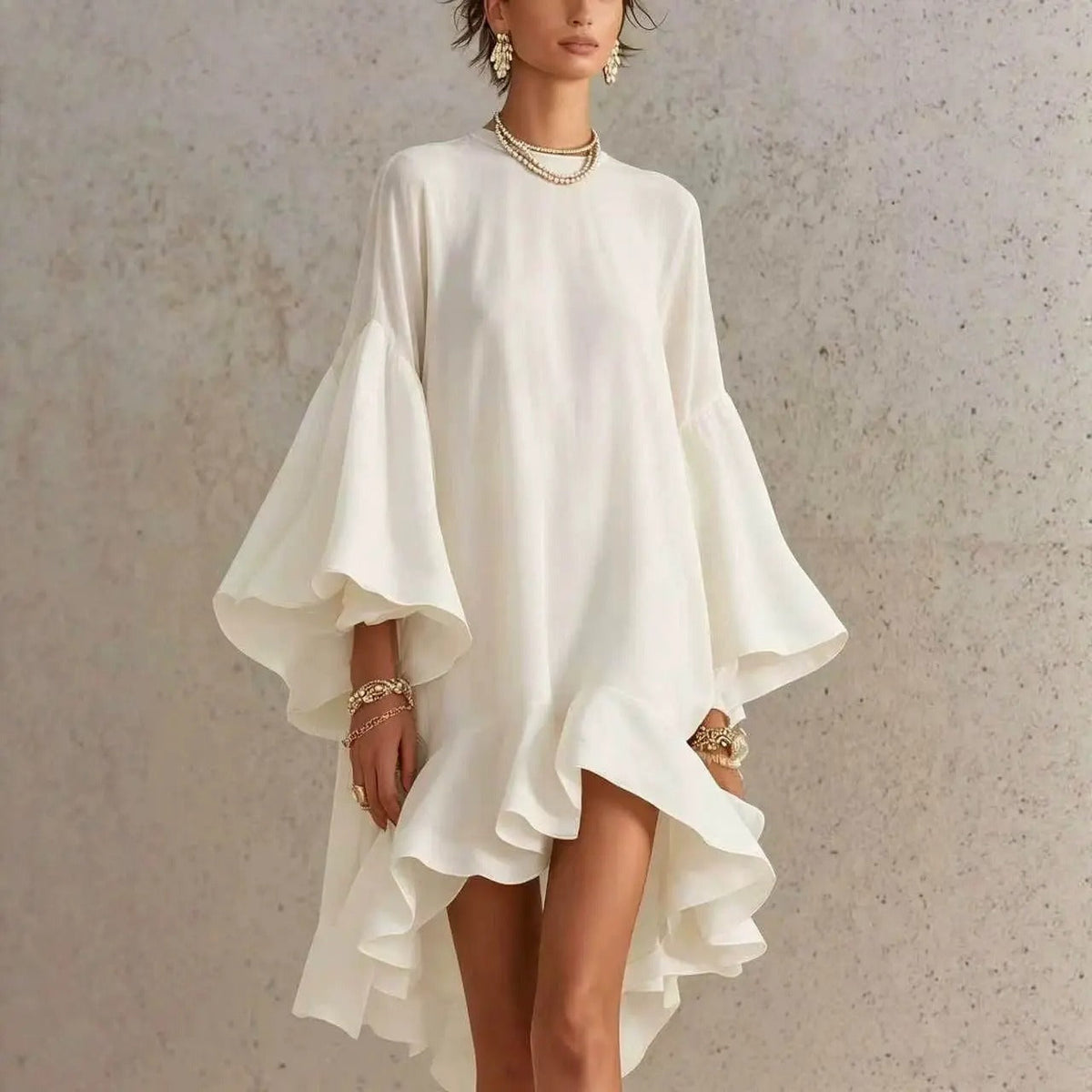 Amelia asymmetrical ruffle dress in white, full front view