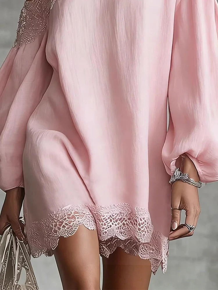 Olivia mini lace dress in dusty pink, scalloped lace hem detail