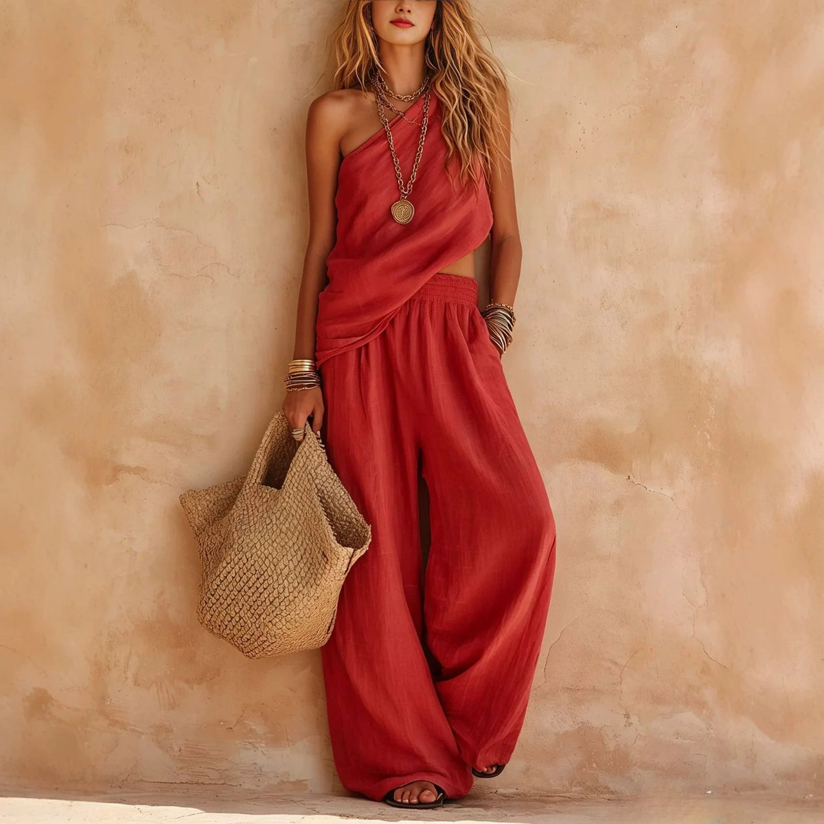 Carlota two-piece wide-leg set in red, full-length front view