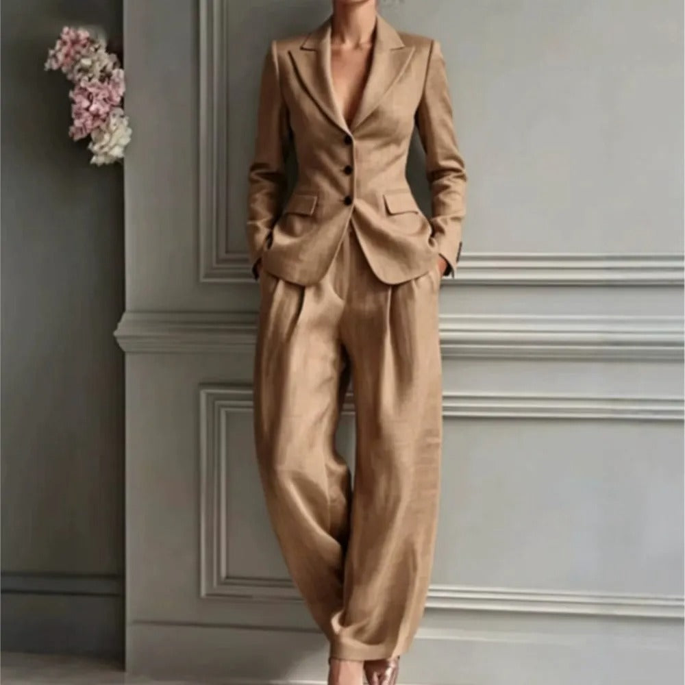 Victoria tailored suit set in camel beige, full-length front view