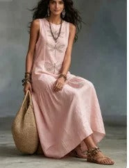 Daniela bohemian midi dress in pink, seated side view