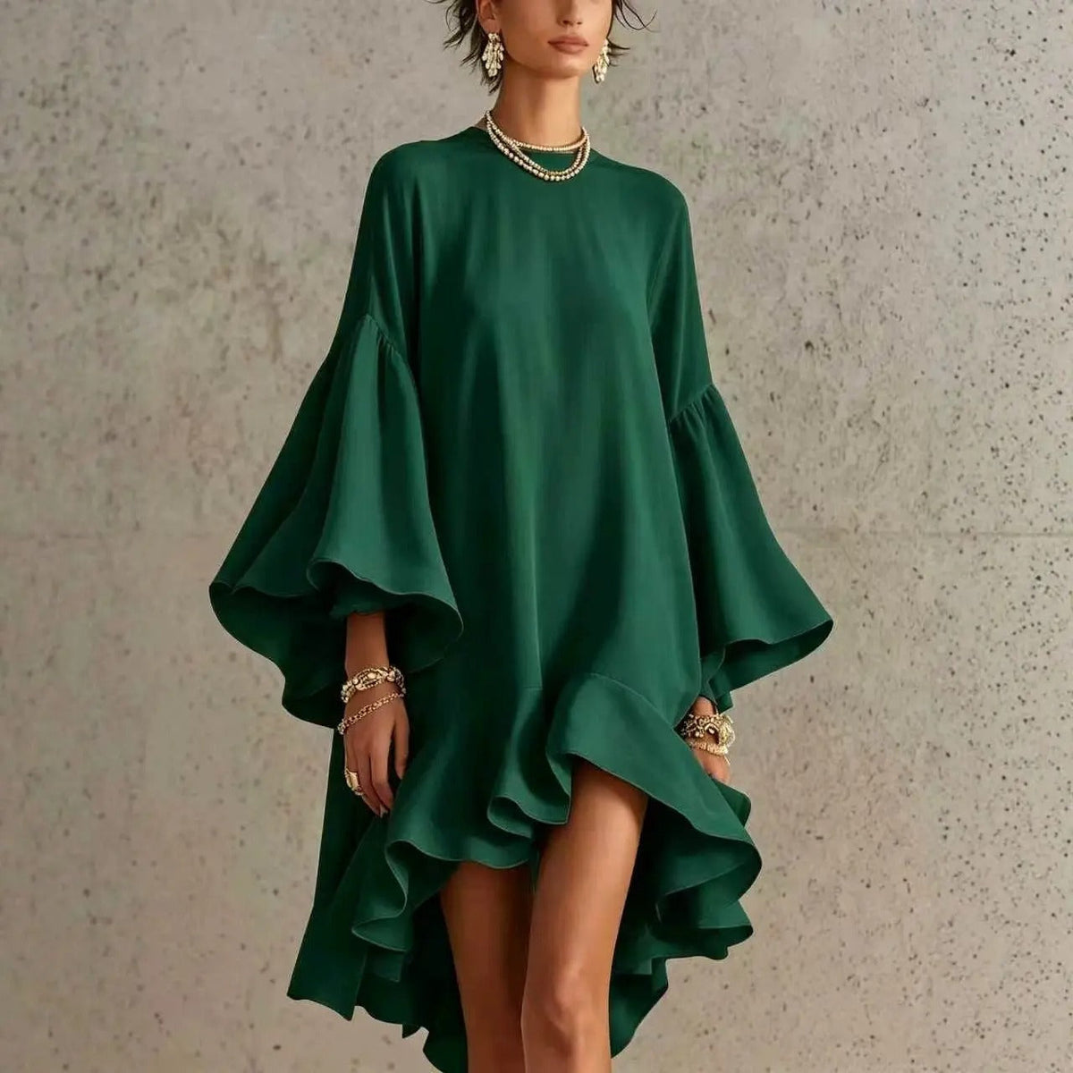 Amelia asymmetrical ruffle dress in dark green, full front view