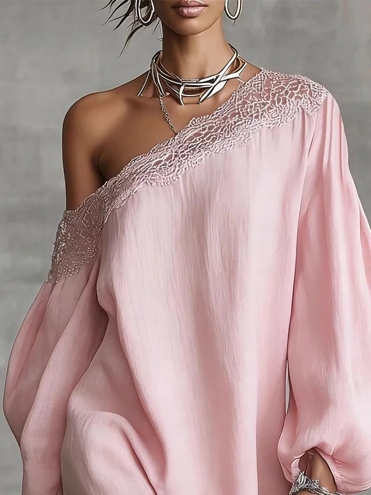 Olivia mini lace dress in dusty pink, close-up of lace neckline