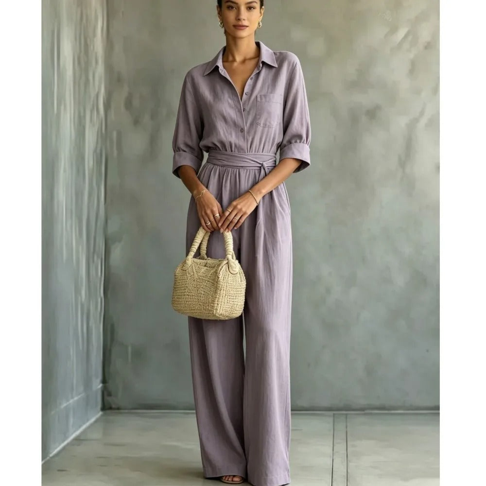 Elena wide-leg shirt jumpsuit in grey, full-length front view