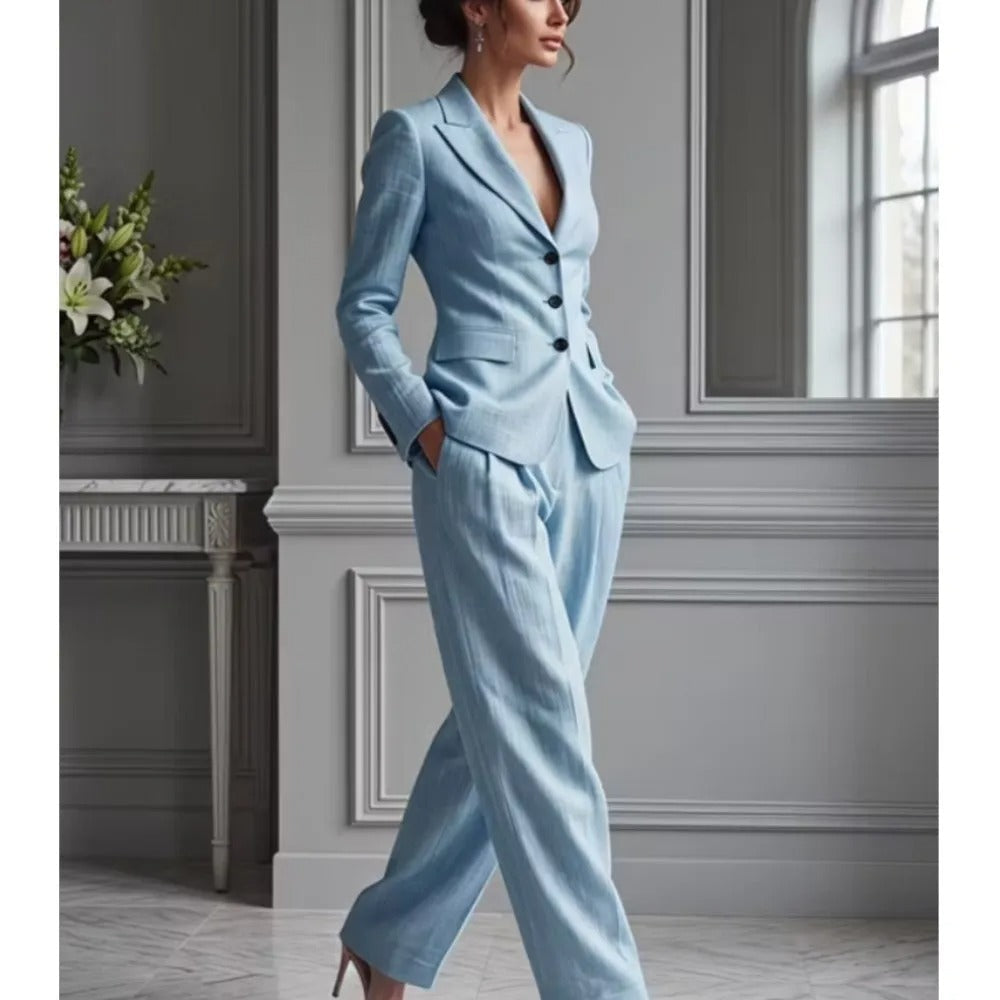 Victoria tailored suit set in light blue, three-quarter view with lapel detail