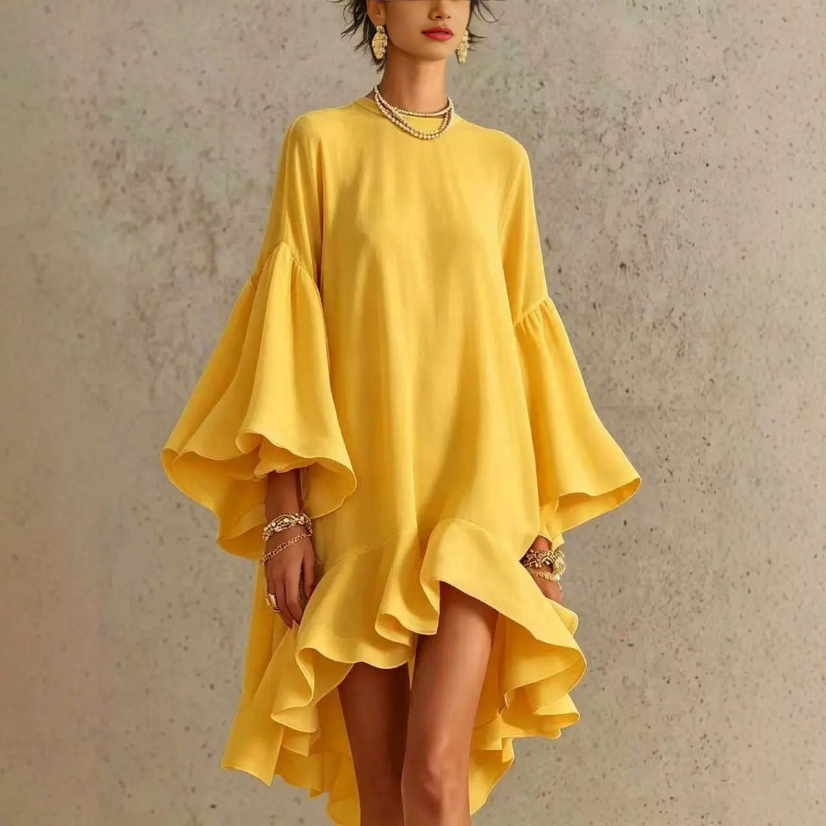 Amelia asymmetrical ruffle dress in yellow, full front view