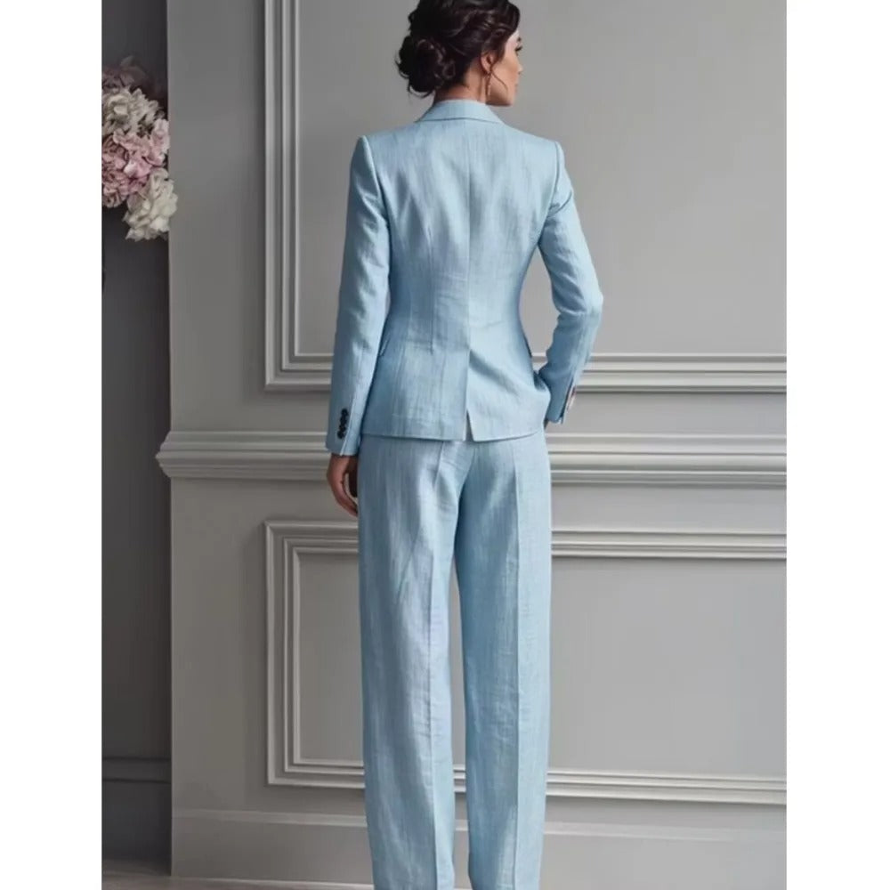 Victoria tailored suit set in light blue, full-length back view