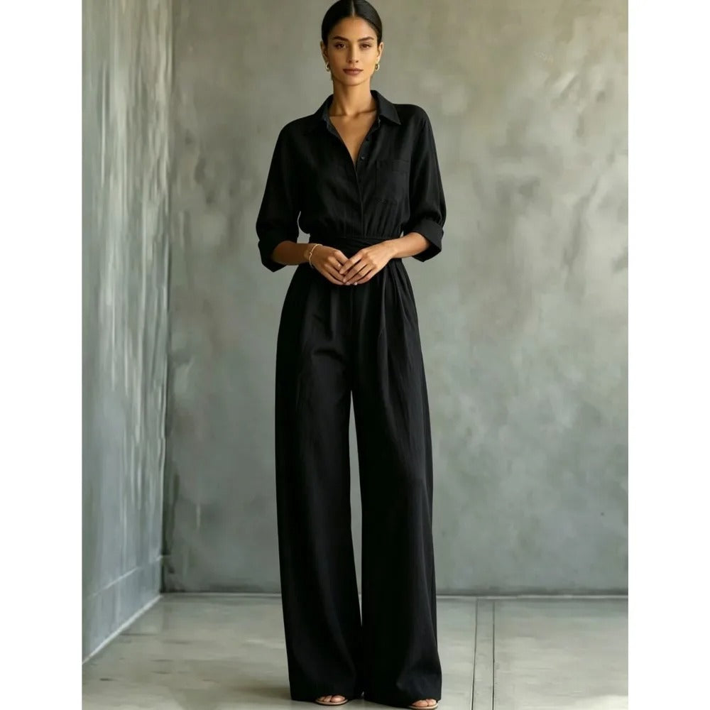 Elena wide-leg shirt jumpsuit in black, full-length front view