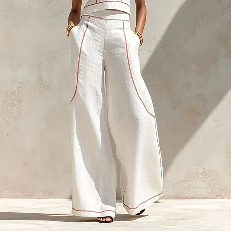 Inés palazzo trousers in white, close-up of waistband and pockets