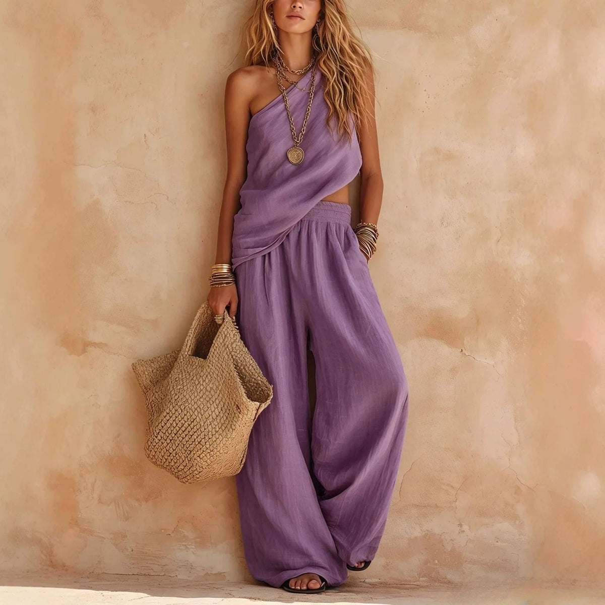 Carlota two-piece wide-leg set in lavender, full-length front view