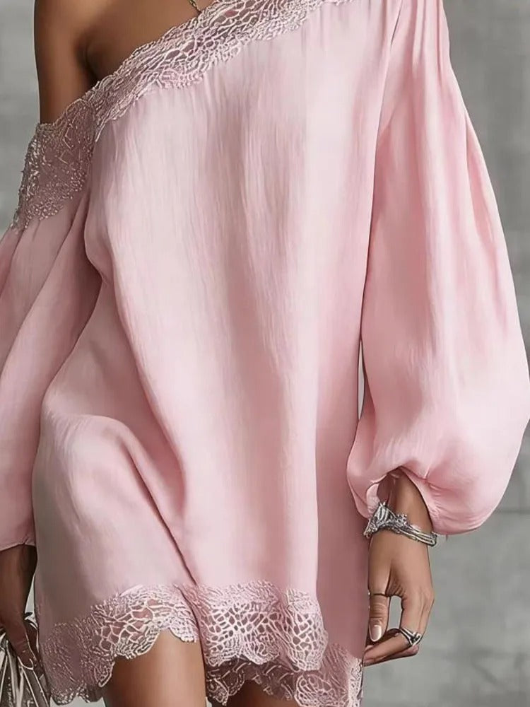 Olivia mini lace dress in dusty pink, puff sleeve and hem detail